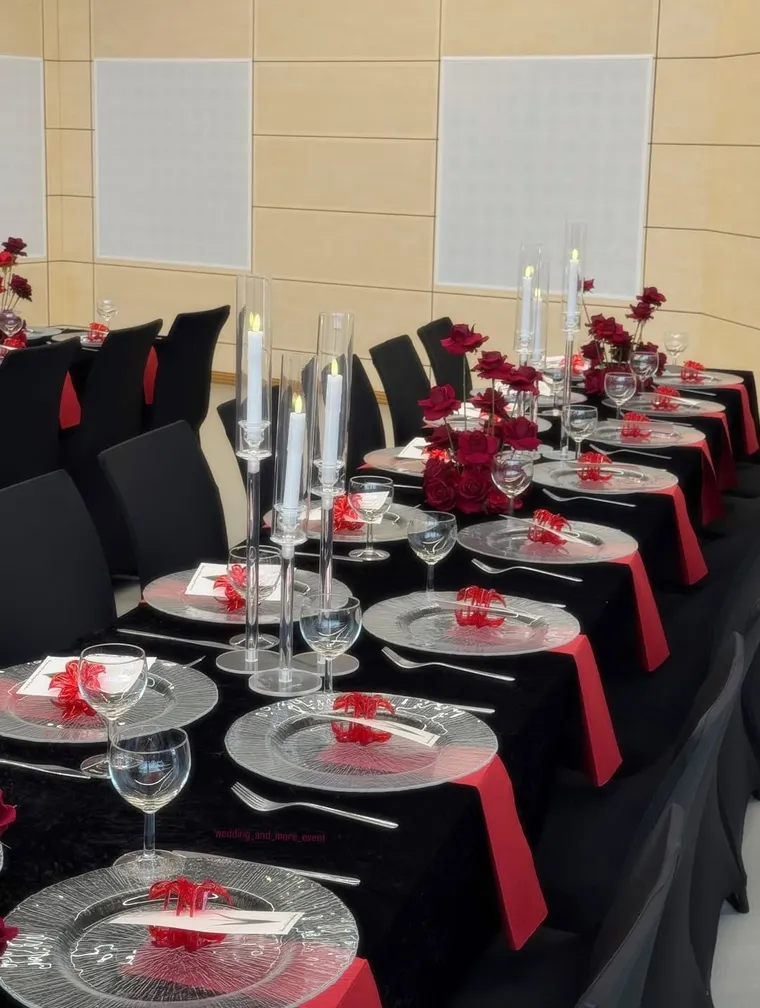 Elegante Tischdekoration mit schwarzen Stühlen und bordeauxroten Blumen
